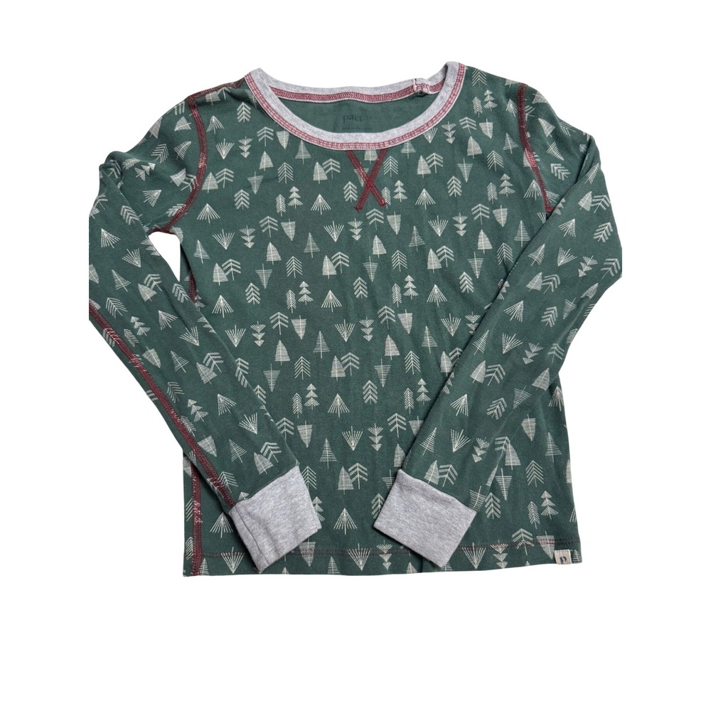 Pact Pajama Top Green/Red EUC Organic Cotton Tree Print Holiday Kids Size 6/7??